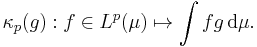 \kappa_p(g)�: f \in L^p(\mu) \mapsto \int f g \, \mathrm{d}\mu. \, 