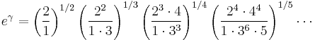  e^{\gamma} = \left ( \frac{2}{1} \right )^{1/2} \left (\frac{2^2}{1 \cdot 3} \right )^{1/3} \left (\frac{2^3 \cdot 4}{1 \cdot 3^3} \right )^{1/4} 
\left (\frac{2^4 \cdot 4^4}{1 \cdot 3^6 \cdot 5} \right )^{1/5}  \cdots 