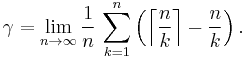 \begin{align} \gamma  =   \lim_{n \to \infty} \frac{1}{n}\, \sum_{k=1}^n \left ( \left \lceil \frac{n}{k} \right \rceil - \frac{n}{k} \right ).\end{align}