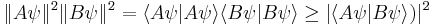 
\|A\psi\|^2 \|B\psi\|^2 = \langle A\psi|A\psi\rangle\langle B\psi|B\psi\rangle \ge |\langle A\psi|B\psi\rangle)|^2 
