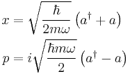 \begin{align}
x &= \sqrt{\hbar \over 2m\omega} \left( a^{\dagger}+a \right) \\
p &= i \sqrt{{\hbar}m\omega \over 2} \left( a^{\dagger}-a \right)
\end{align}