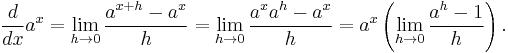 \frac{d}{dx}a^x=\lim_{h\to 0}\frac{a^{x+h}-a^x}{h}=\lim_{h\to 0}\frac{a^{x}a^{h}-a^x}{h}=a^x\left(\lim_{h\to 0}\frac{a^h-1}{h}\right).