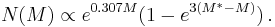 \ N (M) \propto e^{0.307 M} (1 - e^{3(M^{*} - M)} )  \,.