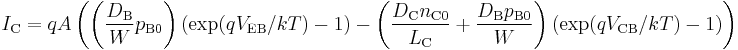 I_{\text{C}} = q A \left ( \left ( \frac{D_{\text{B}}}{W} p_{\text{B}0} \right ) ( \exp (q V_{\text{EB}} / kT ) -1 ) - \left ( \frac{ D_{\text{C}} n_{\text{C}0} }{ L_{\text{C}} } + \frac{ D_{\text{B}} p_{\text{B}0} }{ W } \right ) ( \exp (q V_{\text{CB}} / kT ) -1 ) \right )