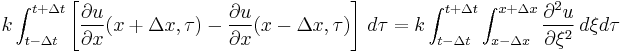 k\int_{t-\Delta t}^{t+\Delta t}\left[\frac{\partial u}{\partial x}(x+\Delta x,\tau)-\frac{\partial u}{\partial x}(x-\Delta x,\tau)\right]\,d\tau = k\int_{t-\Delta t}^{t+\Delta t}\int_{x-\Delta x}^{x+\Delta x}\frac{\partial^2u}{\partial\xi^2}\,d\xi d\tau