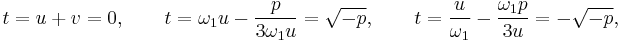 t=u+v=0 , \qquad t=\omega_1u-{p\over 3\omega_1u}=\sqrt{-p} , \qquad t={u\over \omega_1}-{\omega_1p\over 3u}=-\sqrt{-p} ,