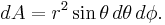 dA = r^2 \sin\theta\, d\theta\, d\phi.