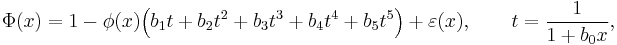 
    \Phi(x) = 1 - \phi(x)\Big(b_1t + b_2t^2 + b_3t^3 + b_4t^4 + b_5t^5\Big) + \varepsilon(x), \qquad t = \frac{1}{1+b_0x},
  