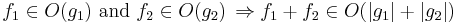  f_1 \in O(g_1) \text{ and }
  f_2\in O(g_2)\, \Rightarrow f_1 + f_2\in O(|g_1| + |g_2|)\,