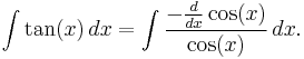 \int \tan (x) \,dx = \int {-{d \over dx} \cos (x) \over {\cos (x)}} \,dx.