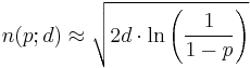 n(p;d)\approx \sqrt{2d \cdot \ln\left({1 \over 1-p}\right)}