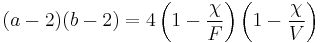 ( a - 2 ) ( b - 2 ) = 4 \left( 1 - \frac{\chi}{F} \right) \left( 1 - \frac{\chi}{V} \right)