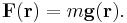 \mathbf{F}( \mathbf r) = m \mathbf g(\mathbf r). 