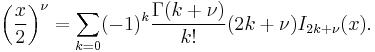 \left( \frac x 2\right)^\nu= \sum_{k=0} (-1)^k \frac {\Gamma(k+\nu)}{k!} (2k+\nu) I_{2k+\nu}(x).