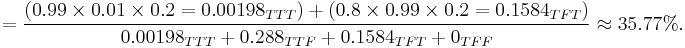  = \frac{(0.99 \times 0.01 \times 0.2 = 0.00198_{TTT}) + (0.8 \times 0.99 \times 0.2 = 0.1584_{TFT})}{0.00198_{TTT} + 0.288_{TTF} + 0.1584_{TFT} + 0_{TFF}} \approx 35.77�%.