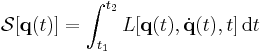 
\mathcal{S}[\mathbf{q}(t)] = \int_{t_1}^{t_2} L[\mathbf{q}(t),\dot{\mathbf{q}}(t),t]\, \mathrm{d}t
