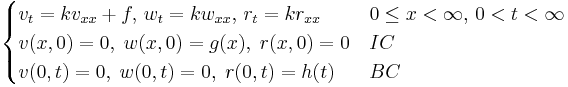 \begin{cases} v_{t}=kv_{xx}+f, \, w_{t}=kw_{xx}, \, r_{t}=kr_{xx} \, & 0\le x<\infty,\,0<t<\infty
\\ v(x,0)=0, \; w(x,0)=g(x), \; r(x,0)=0 & IC
\\ v(0,t)=0, \; w(0,t)=0, \; r(0,t)=h(t) & BC
\end{cases}