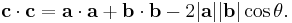 
  \mathbf{c} \cdot \mathbf{c}
= \mathbf{a} \cdot \mathbf{a}
+ \mathbf{b} \cdot \mathbf{b}
- 2 |\mathbf{a}||\mathbf{b}| \cos\theta. \,
