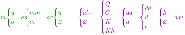 {\color{OliveGreen}m
\begin{cases}u\\o\end{cases}
a
\begin{cases}mm\\m\end{cases}
ar
\begin{cases}u\\\varnothing\end{cases}}
~~~~
{\color{RedViolet}\begin{cases}al-\\\varnothing\end{cases}
\begin{cases}Q\\G\\K\\Kh\end{cases}
\begin{cases}aa\\a\end{cases}
\begin{cases}dd\\d\\t\end{cases}
\begin{cases}h\\\varnothing\end{cases}
afi}