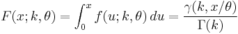  F(x;k,\theta) = \int_0^x f(u;k,\theta)\,du  
  =\frac{\gamma(k, x/\theta)}{\Gamma(k)} \,