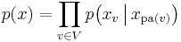  p (x) = \prod_{v \in V} p \big(x_v \,\big|\,  x_{\operatorname{pa}(v)} \big) 