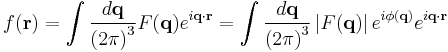 f(\mathbf{r}) = \int \frac{d\mathbf{q}}{\left(2\pi\right)^{3}} F(\mathbf{q}) e^{i\mathbf{q}\cdot\mathbf{r}} =
\int \frac{d\mathbf{q}}{\left(2\pi\right)^{3}} \left|F(\mathbf{q}) \right|e^{i\phi(\mathbf{q})} e^{i\mathbf{q}\cdot\mathbf{r}} 