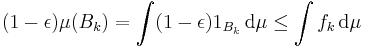  (1 - \epsilon) \mu(B_k) = \int (1 - \epsilon) 1_{B_k} \, \mathrm{d} \mu \leq \int f_k \, \mathrm{d} \mu 