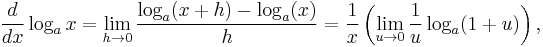 \frac{d}{dx}\log_a x = \lim_{h\to 0}\frac{\log_a(x+h)-\log_a(x)}{h}=\frac{1}{x}\left(\lim_{u\to 0}\frac{1}{u}\log_a(1+u)\right),