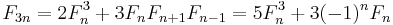 F_{3n} = 2F_n^3 + 3F_n F_{n+1} F_{n-1} = 5F_n^3 + 3 (-1)^n F_n \, 