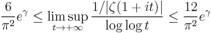  \frac{6}{\pi^2}e^\gamma\le \limsup_{t\rightarrow +\infty}\frac{1/|\zeta(1+it)|}{\log\log t}\le \frac{12}{\pi^2}e^\gamma