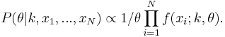 
P(\theta | k, x_1, ..., x_N) \propto 1/\theta \prod_{i=1}^N f(x_i;k,\theta).\,\!
