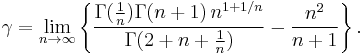  \gamma = \lim_{n \to \infty} \left \{\frac{ \Gamma(\frac{1}{n}) \Gamma(n+1)\, n^{1+1/n}}{\Gamma(2+n+\frac{1}{n})} - \frac{n^2}{n+1} \right\}. 