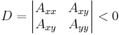 
D = \begin{vmatrix} A_{xx} & A_{xy}\\A_{xy} & A_{yy} \end{vmatrix} < 0\,
