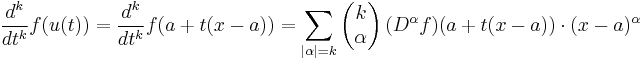 \frac{d^k}{dt^k}f(u(t)) = \frac{d^k}{dt^k} f(a+t(x-a)) = \sum_{|\alpha|=k} \left(\begin{matrix} k \\ \alpha\end{matrix} \right) (D^\alpha f) (a+t(x-a))\cdot (x-a)^\alpha