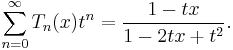 \sum_{n=0}^{\infty}T_n(x) t^n = \frac{1-tx}{1-2tx+t^2}. \,\!