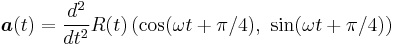 \boldsymbol {a}(t) = \frac{d^2}{dt^2} R(t)\left( \cos (\omega t + \pi/4),\ \sin (\omega t + \pi/4) \right) 