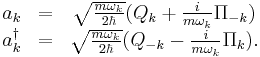 \begin{matrix}
a_k &=& \sqrt{m\omega_k \over 2\hbar} (Q_k + {i\over m\omega_k} \Pi_{-k}) \\
a_k^\dagger &=& \sqrt{m\omega_k \over 2\hbar} (Q_{-k} - {i\over m\omega_k} \Pi_k).
\end{matrix}