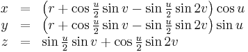 \begin{array}{rcl}
x & = & \left(r + \cos\frac{u}{2}\sin v - \sin\frac{u}{2}\sin 2v\right) \cos u\\
y & = & \left(r + \cos\frac{u}{2}\sin v - \sin\frac{u}{2}\sin 2v\right) \sin u\\
z & = & \sin\frac{u}{2}\sin v + \cos\frac{u}{2}\sin 2v
\end{array}