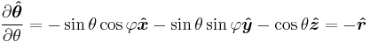 partial derivative of theta-hat with respect to theta equals minus sine of theta times cosine of phi in the x-hat direction minus sine of theta times sine of phi in the y-hat direction minus cosine of theta in the z-hat direction equals minus r-hat