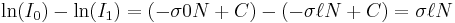 \ln(I_0) - \ln(I_1) = (- \sigma 0 N + C) - ( - \sigma \ell N + C) = \sigma \ell  N \,