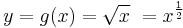 
y = g(x) = \sqrt{x}\ = x^{\frac{1}{2}}\,
