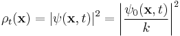 \rho_t(\mathbf x)=\left |\psi(\mathbf x, t)\right |^2 = \left|\frac{\psi_0(\mathbf x, t)}{k}\right|^2