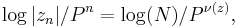 \log|z_n|/P^{n} = \log(N)/P^{\nu(z)},\,