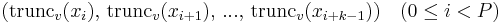  (\text{trunc}_v(x_i), \, \text{trunc}_v(x_{i%2B1}), \, ..., \, \text{trunc}_v(x_{i%2Bk-1})) \quad (0\leq i< P) 