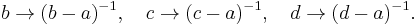 b \to (b-a)^{-1},\quad c \to (c-a)^{-1},\quad d \to (d-a)^{-1}.