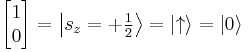  \begin{bmatrix} 1 \\ 0 \end{bmatrix} = \left \vert {s_z = %2B\textstyle\frac 1 2} \right \rang = | {\uparrow  } \rang = | 0 \rang 