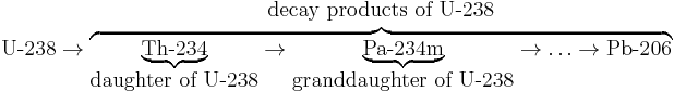 
\mbox{U-238} \rightarrow \overbrace{ \underbrace{\mbox{Th-234}}_{\mbox{daughter of U-238}}  \rightarrow \underbrace{\mbox{Pa-234m}}_{\mbox{granddaughter of U-238}} \rightarrow \ldots \rightarrow \mbox{Pb-206} }^{\begin{array}{c} \mbox{decay products of U-238} \end{array}}
