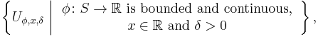 \left\{ U_{\phi, x, \delta} \,\left|\, \begin{array}{c} \phi \colon S \to \mathbb{R} \text{ is bounded and continuous,} \\ x \in \mathbb{R} \text{ and } \delta > 0 \end{array} \right. \right\},