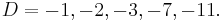 D = -1, -2, -3, -7, -11.