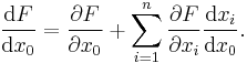 \frac{\mathrm{d}F}{\mathrm{d}x_0}=\frac{\partial F}{\partial x_0}%2B\sum_{i=1}^{n}\frac{\partial F}{\partial x_i}\frac{\mathrm{d}x_i}{\mathrm{d}x_0}.